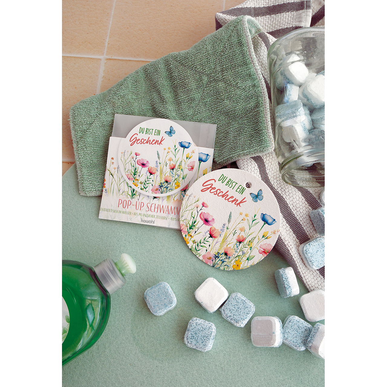 Spülschwamm - Du bist ein Geschenk - Blumen Aquarell Schmetterling