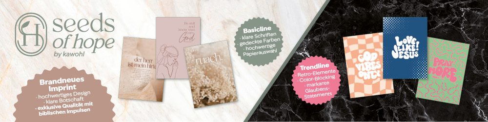 Banner mit dem Logo „Seeds of Hope“ und verschiedenen Produkten, darunter Karten mit inspirierenden Botschaften und Designs.