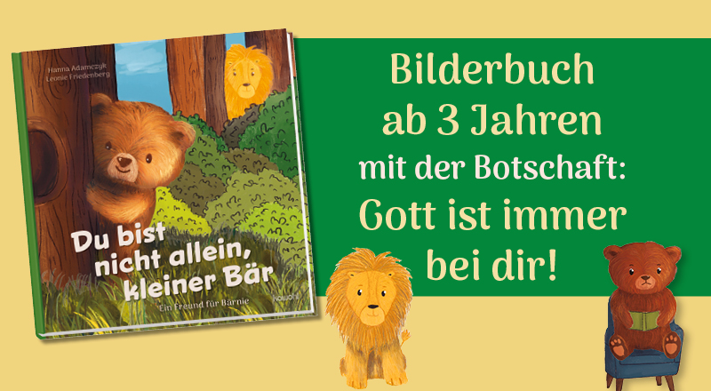Banner mit Bären-Bilderbuch auf gelben Hintergrund und gezeichnetem Löwen und Bären.