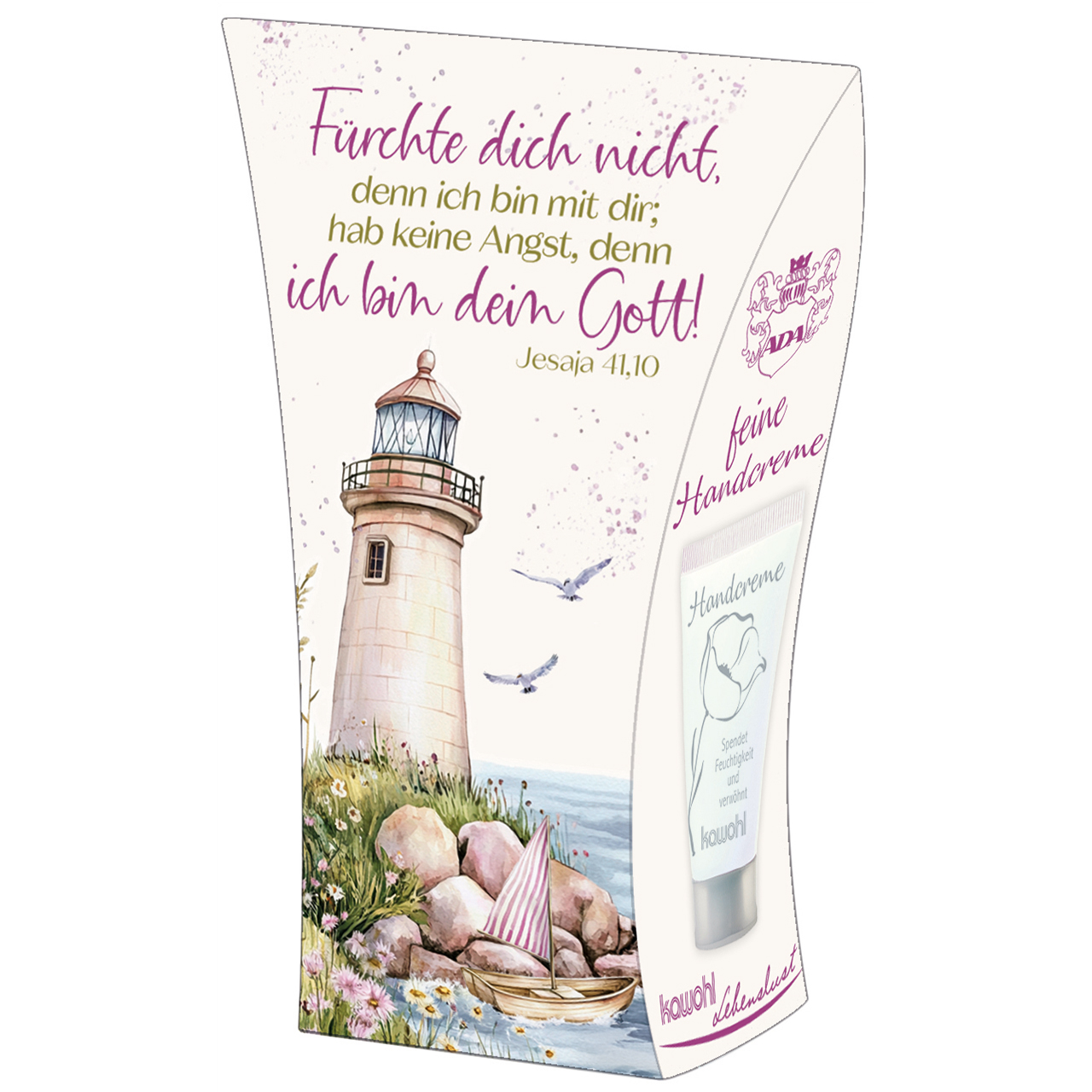 Handcreme - Fürchte dich nicht, denn ich bin mit dir - Grafik Leuchtturm Boot Möve Vögel Steine Blumen Wasser Meer