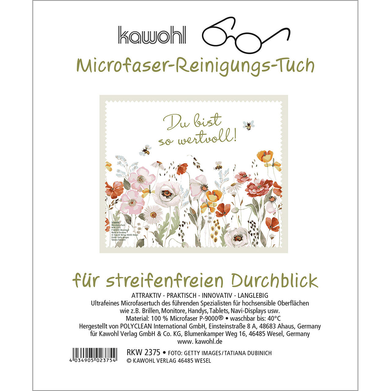 Brillenputztuch - Du bist so wertvoll! - Wildblumen Bienen Grafik