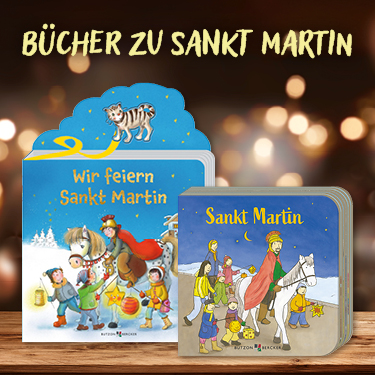 Alt-Text:
                Zwei Kinderbücher zum Thema Sankt Martin: eine blaue Pappbilderbuch-Box und eine graue Metallbox mit Illustrationen von Kindern und dem heiligen Martin auf Pferden.