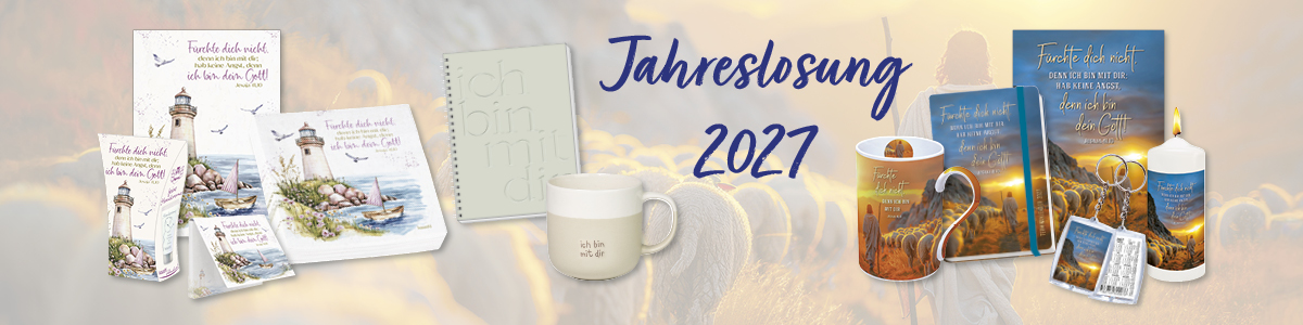Bunte Produkte zur Jahreslosung 2027: Kalender, Tasse und Notizbuch mit inspirierenden Motiven und Bibelversen.