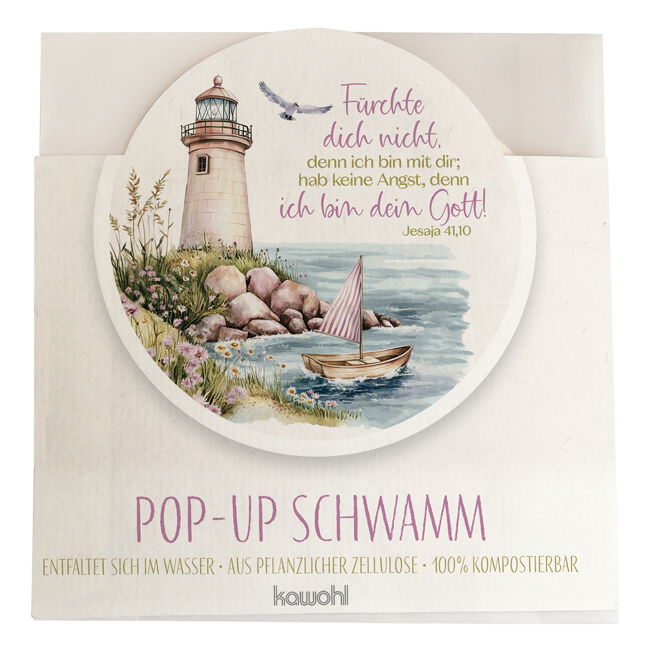 Spülschwamm - Fürchte dich nicht, denn ich bin bei dir; - Grafik Leuchtturm Boot Möve Stenne Blumen Wasser Meer