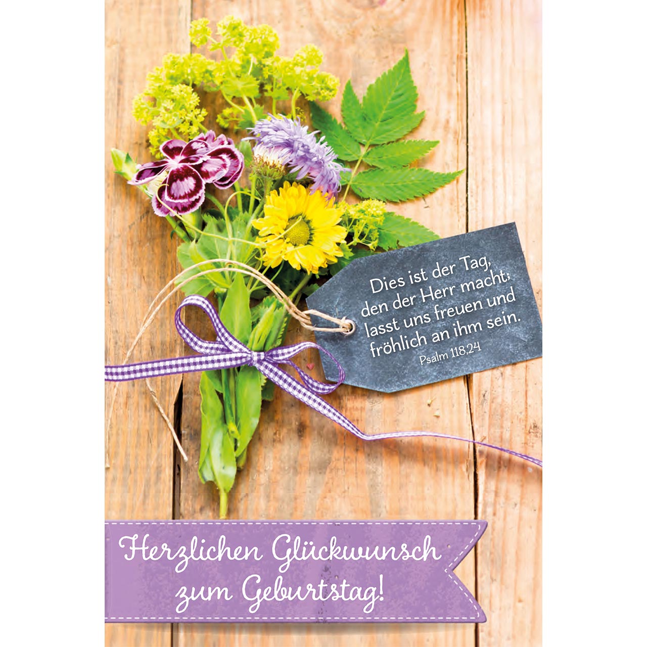 Herzlichen Glückwunsch zum Geburtstag! Faltkarte - Herzlichen Glückwunsch zum Geburtstag! - Blumenstrauß Schleife Etikett