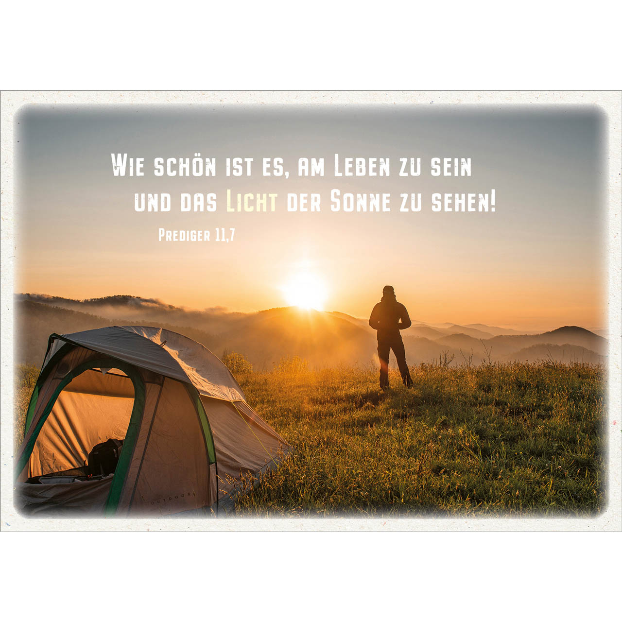Postkarten - Postkarte 'Wie schön ist es' 12 Ex. - Zelt Wiese Mensch Sonne Berge