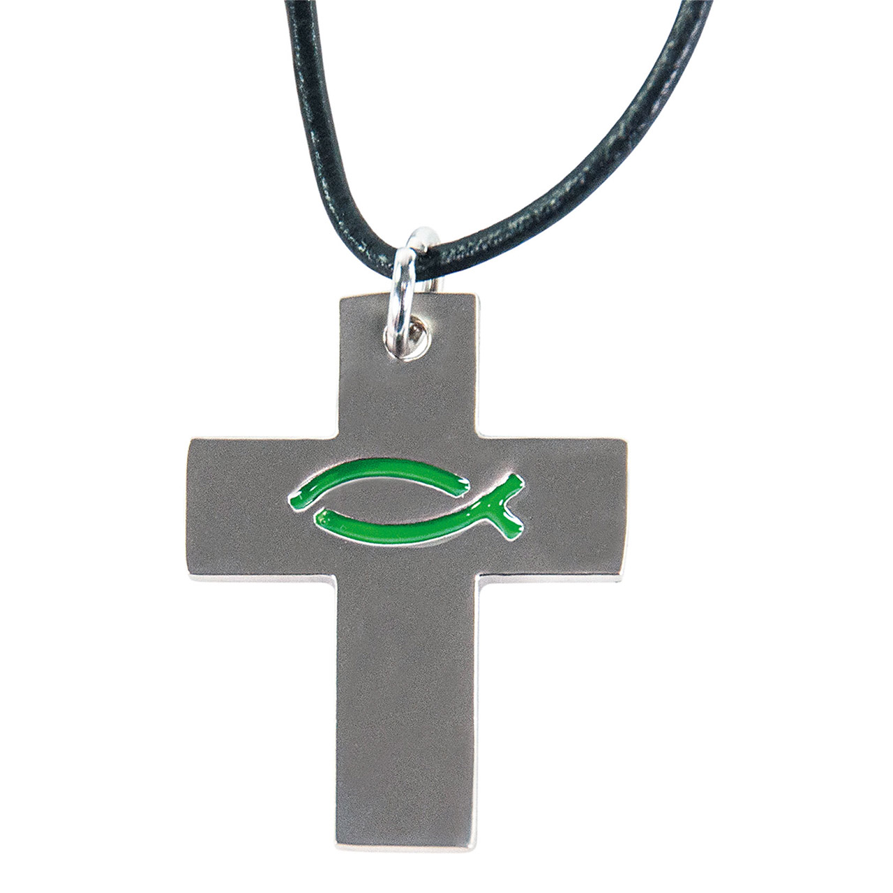 Kreuz mit Ichthys-Fisch an Lederband