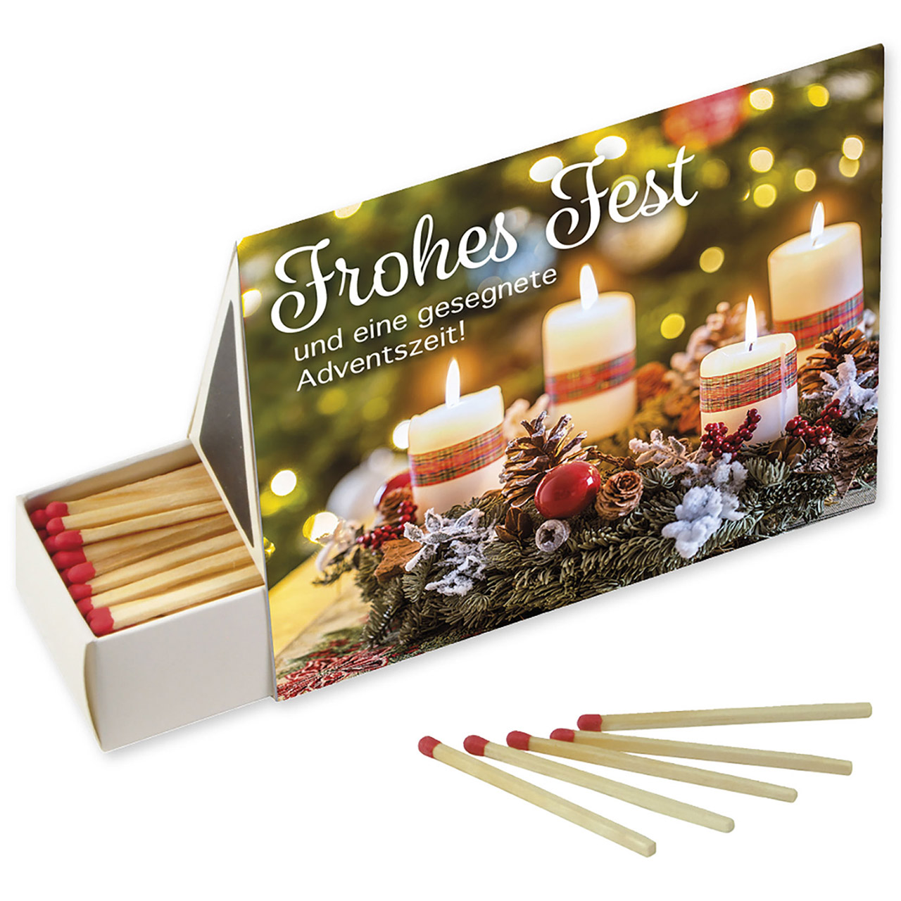 Frohes Fest und eine gesegnete Adventszeit! Streichhölzer - Frohes Fest und eine gesegnete Adventszeit! - Adventskranz Kerzen Deko Tannenzweige Kugeln