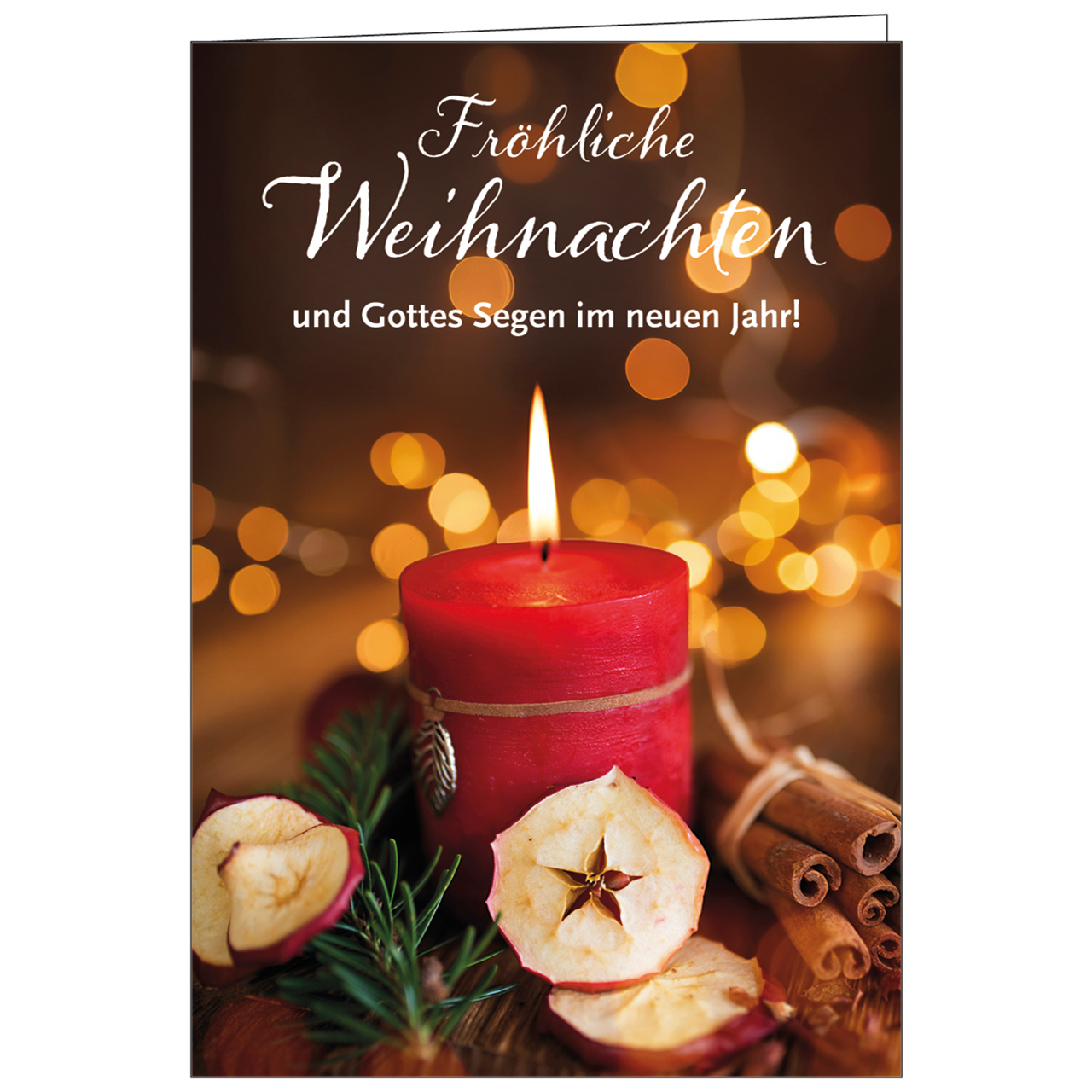 Faltkarte - Fröhliche Weihnachten - Kerze rot Flamme Apfel Zweige Zimtstangen