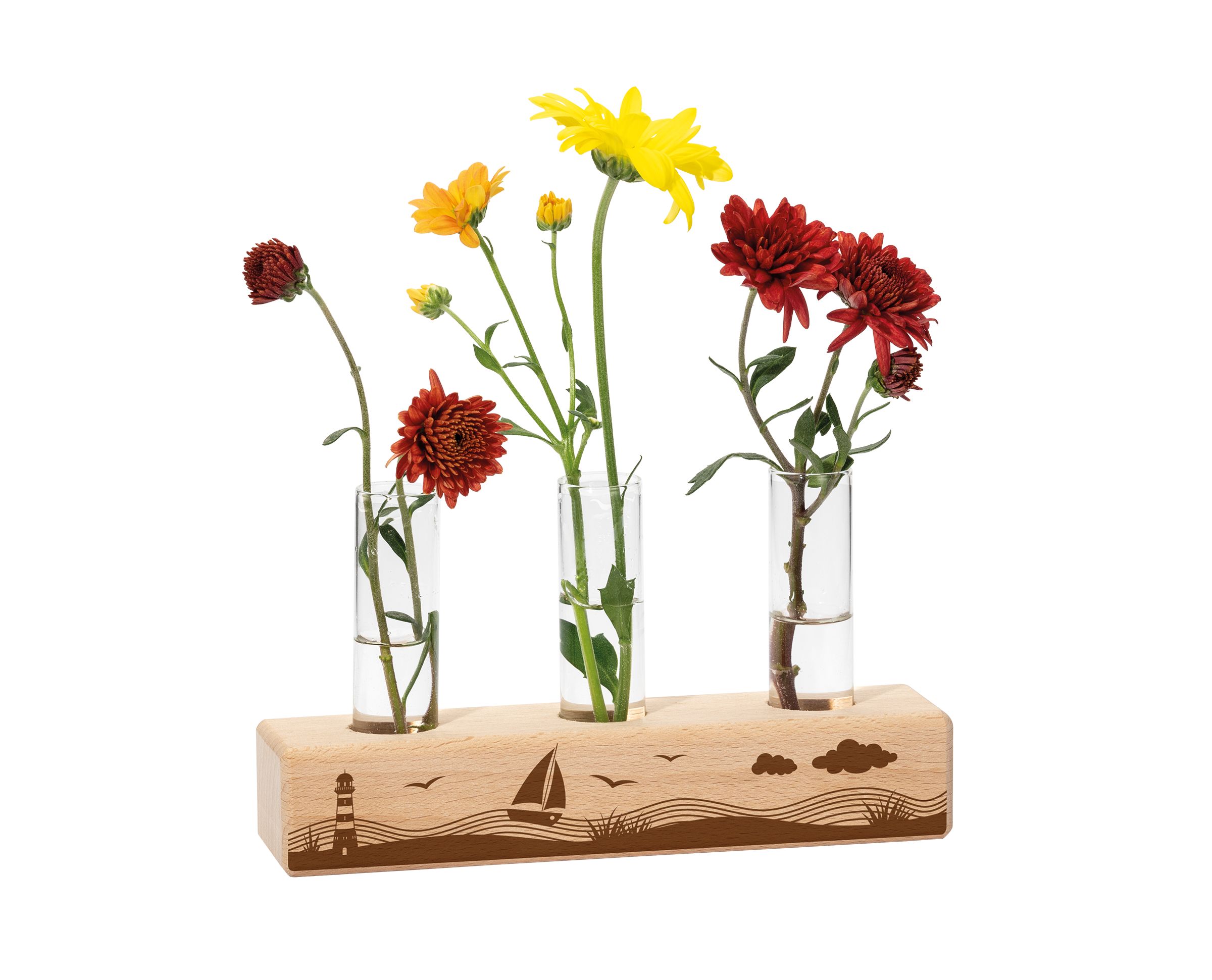 Vasenständer 'Maritim' mit 3 Glaseinsätzen Dekoration - Vasenständer 'Maritim' mit 3 Glaseinsätzen - Reagenzgläser Holzständer Blumen Leuchturm Vögel Wellen Boot Wolken