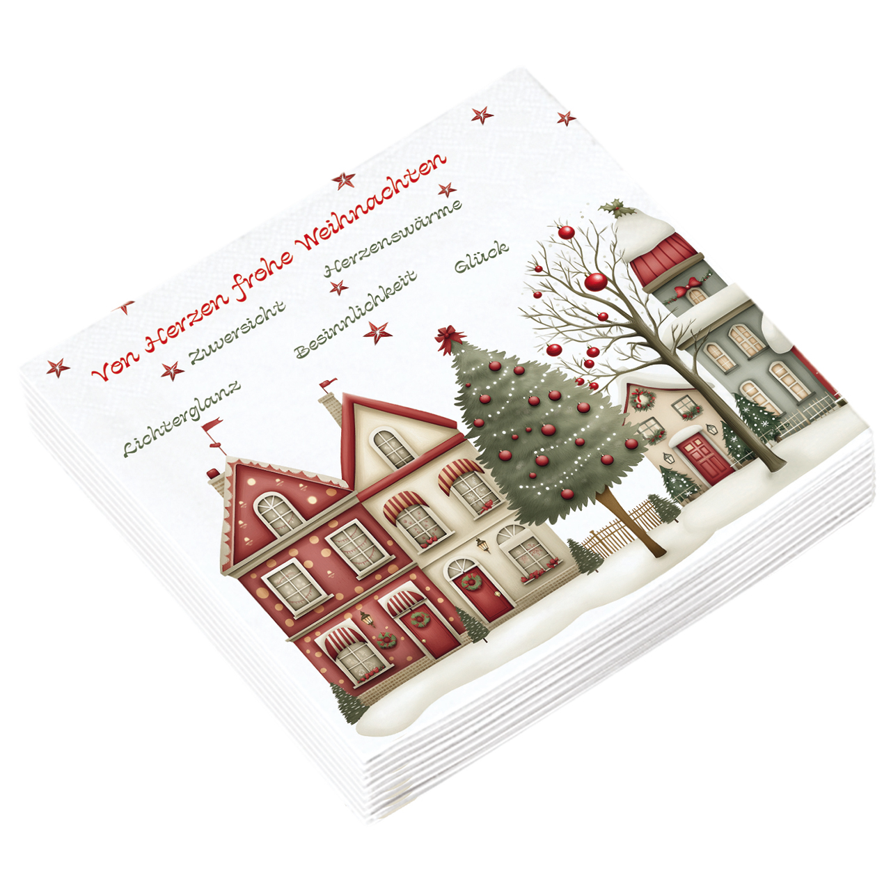 Servietten - Weihnachtsfreude wünsch' ich dir - Häuserzeile Haus Schnee Grafik Sterne Tannenbaum