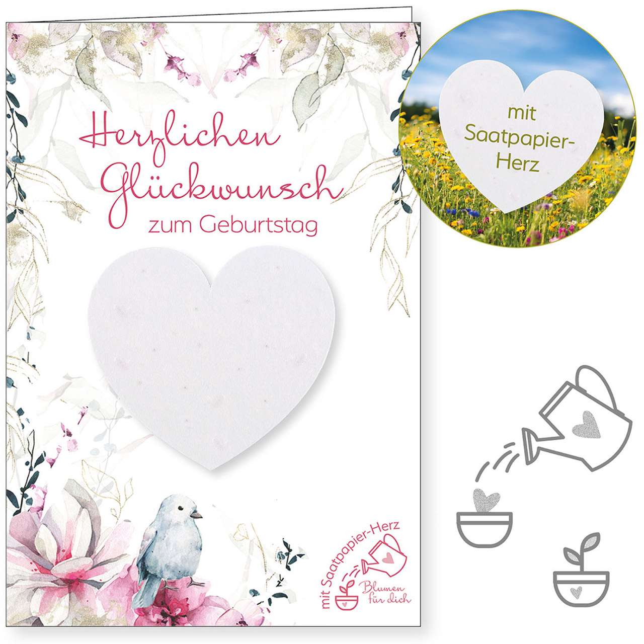 Herzlichen Glückwunsch zum Geburtstag Faltkarte - Herzlichen Glückwunsch zum Geburtstag - Grafik Aquarell Vogel