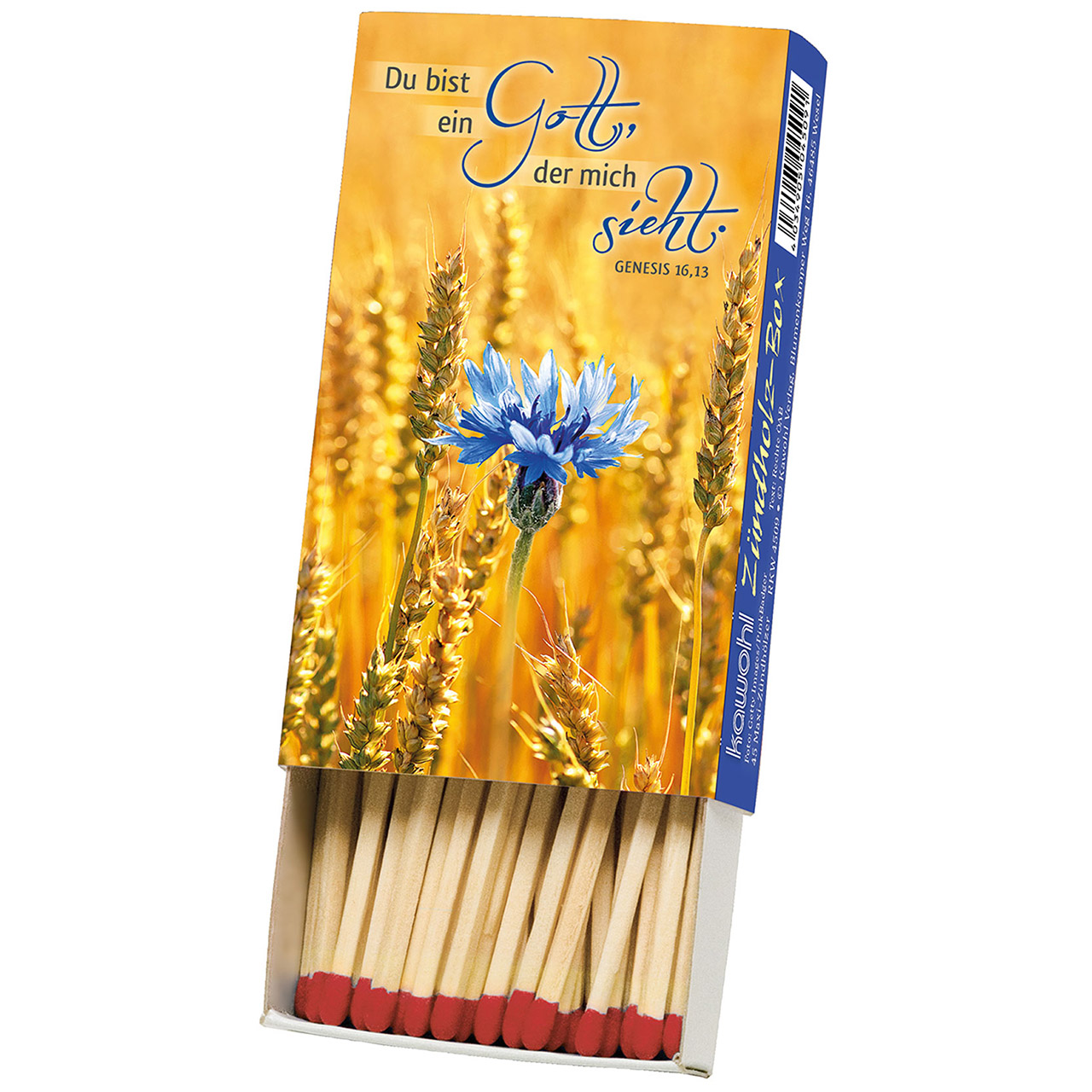 Du bist ein Gott, der mich sieht. Streichhölzer - Du bist ein Gott, der mich sieht. - Getreidefeld / Kornfeld mit blauer Korn-Blume