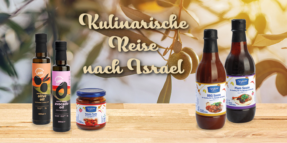 Produktauswahl mit Oliven- und Avocadoöl sowie verschiedenen Saucen auf Holzuntergrund. Text: Kulinarische Reise nach Israel