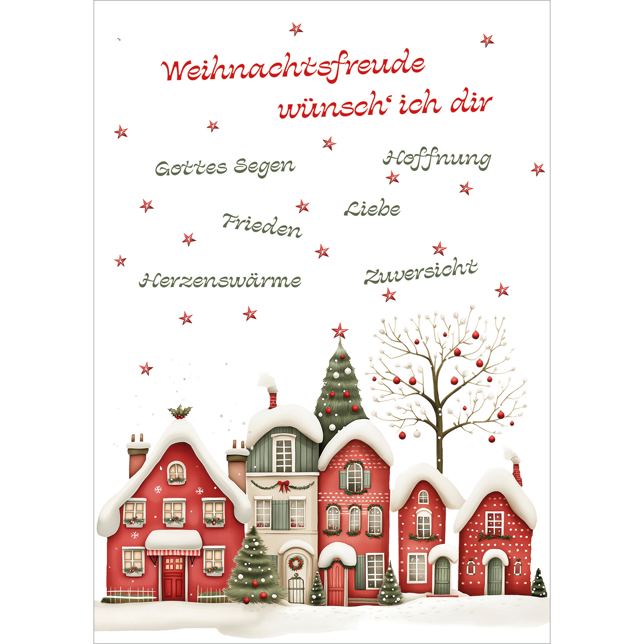 Postkarten - Weihnachtsfreude wünsch' ich dir - Häuserzeile Haus Schnee Grafik Sterne Tannenbaum