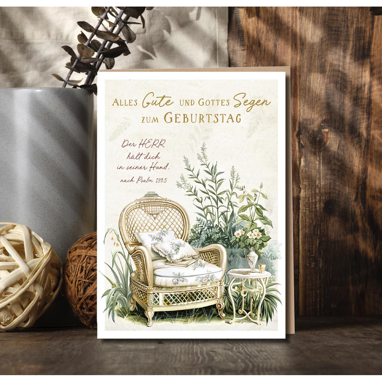 Faltkarte - Faltkarte 'Alles Gute und Gottes Segen zum Geburtstag. Der HERR hält dich in sei - Sessel Kissen Tisch Becher Vase Blumen
