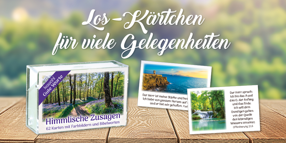 Gute-Worte-Karten-Box mit himmlischen zusagen auf einem Tisch mit Naturhintergrund. Text: Los-Kärtchen für viele Gelegenheiten