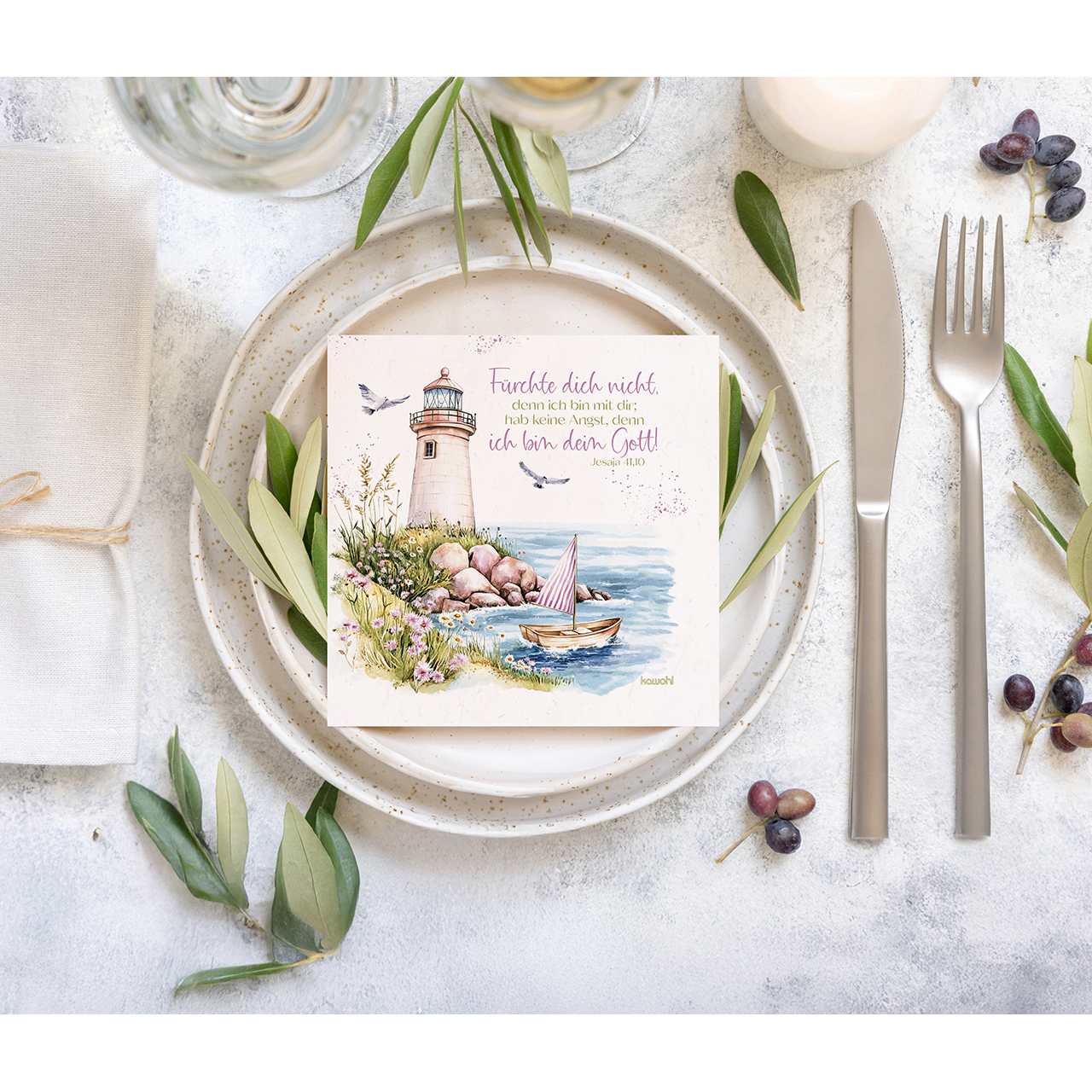 Servietten - Fürchte dich nicht, denn ich bin mit dir; - Grafik Leuchtturm Boot Möve Steine Blumen Wasser Meer