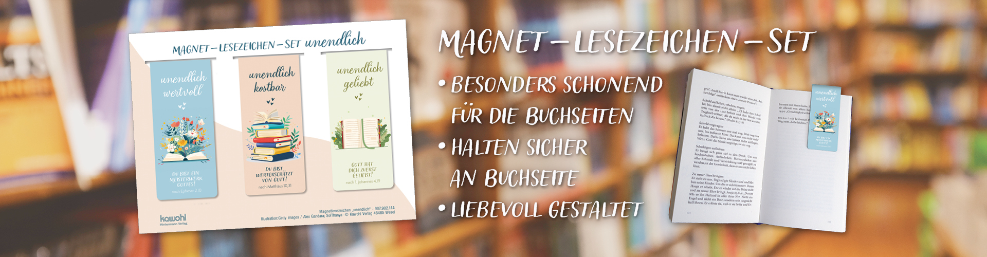 Magnet-Lesezeichen-Set unendlich vor verschwommenem Bücherregal. Text: besonders schonend, halten sicher an Buchseiten, liebevoll gestaltet