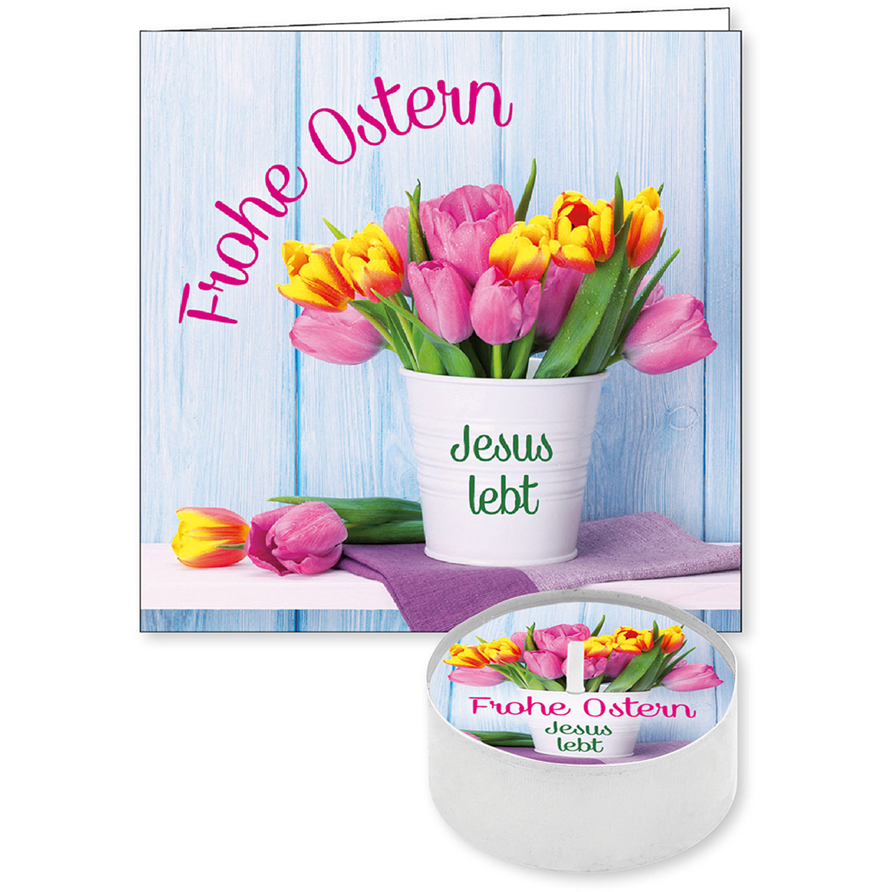 Teelicht mit Grußkarte - Frohe Ostern - Jesus lebt - Tulpen im Topf