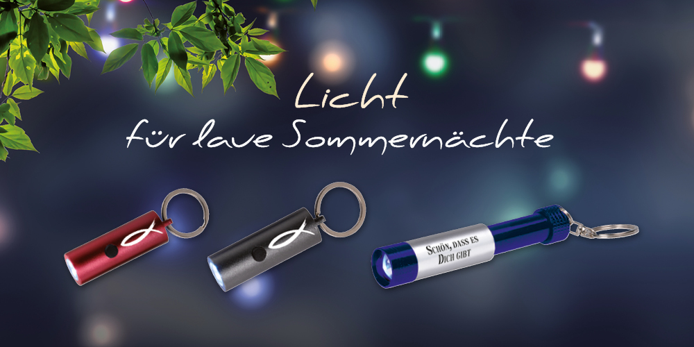 Nächtlicher Himmel mit bunter Lichterkette, im Vordergrund drei kleine Taschenlampen in rot, schwarz und blau und der Überschrift "Licht für laue Sommernächte"