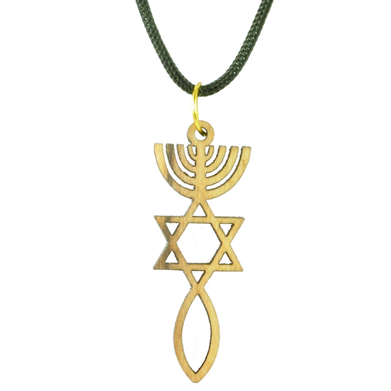 Olivenholzkette: Kreuz Menorah-Davidstern-Ichthys