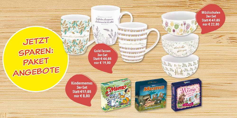3 Tassen, 3 Müsli-Schalen und 3 Kinder-Memo-Spiele auf einem Holzhintergrund, Text: Jetzt sparen: Paket-Angebote