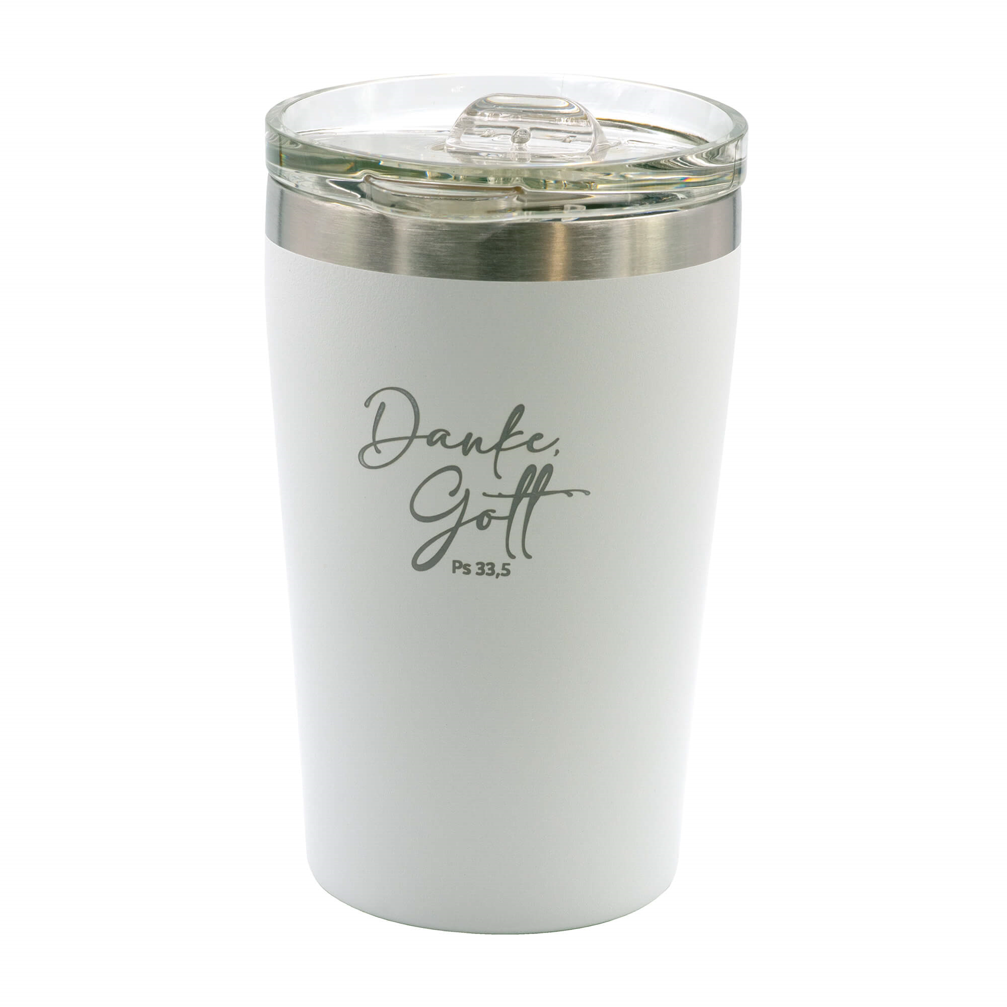 Becher - Thermobecher 'Danke Gott Psalm 33,5' weiß - Becher Deckel Weiß