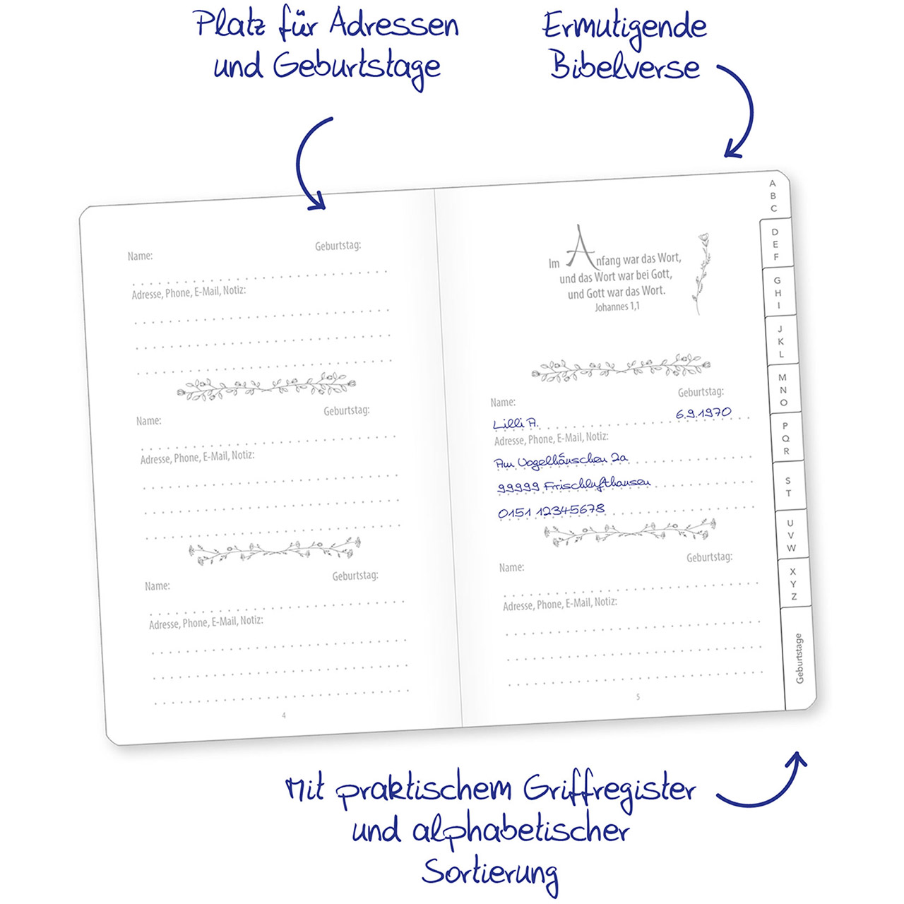 Adressbuch - wunderbar gesegnet - Meine Adressen - Blumen Grafik Aquarellblumen