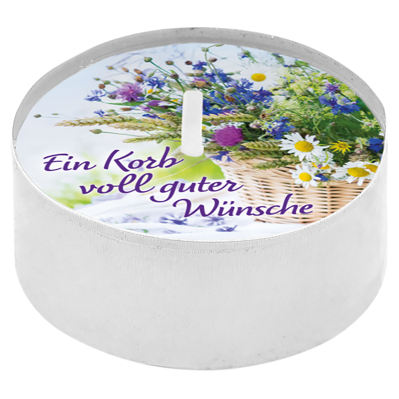 Teelicht mit Grußkarte - Ein Korb voll guter Wünsche - Korb Wildblumen