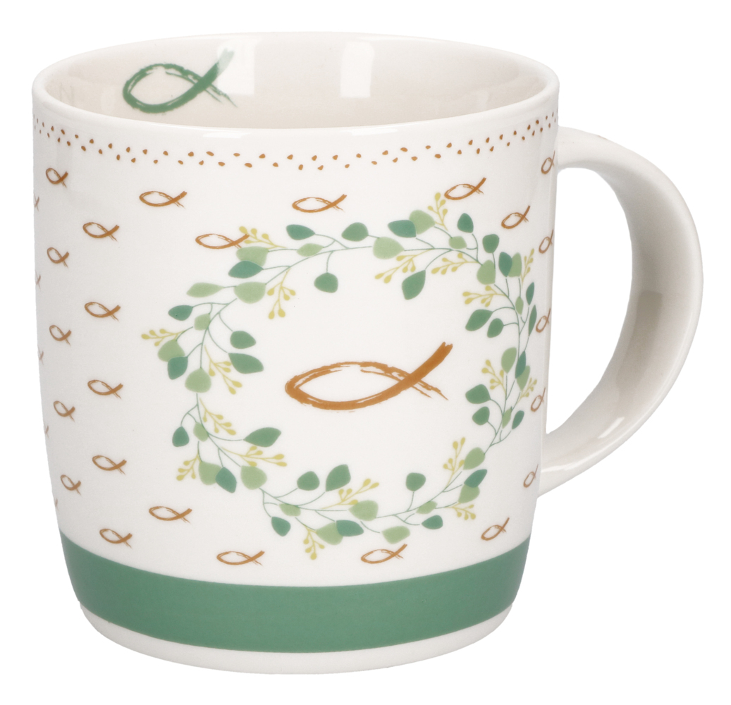 Tasse - Tasse 'Jesus ist in unserer Mitte' in Dose - Tasse Fische Blätterkranz Blätter