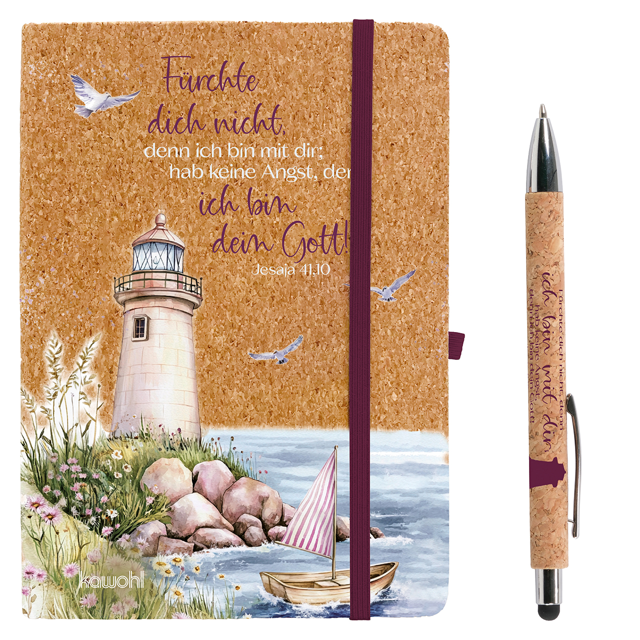 Notieren & Schreiben - Fürchte dich nicht, denn ich bin mit dir; - Grafik Leuchtturm Boot Möve Stenne Blumen Wasser Meer
