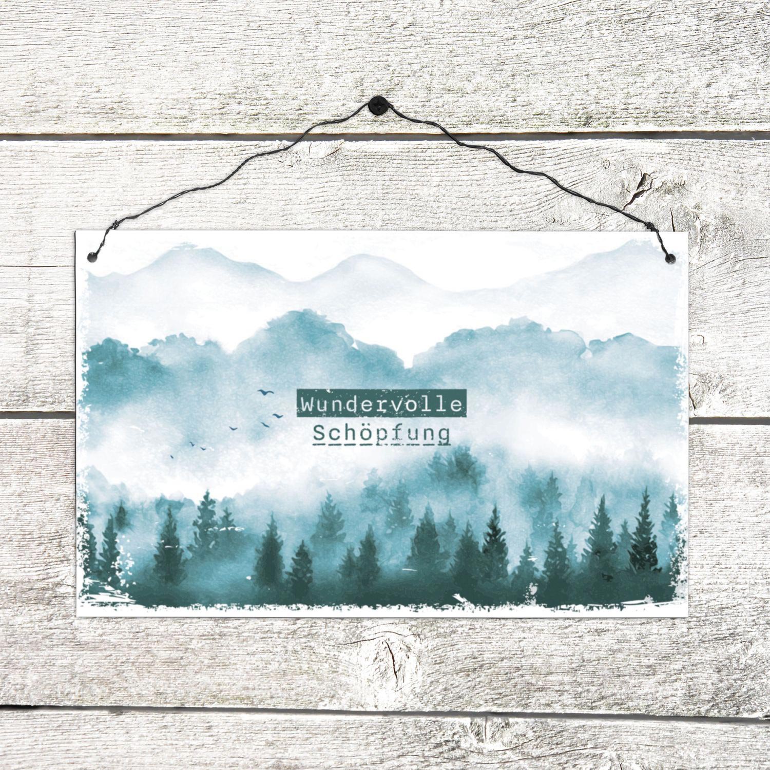 Wanddekoration - Holzschild 'Wundervolle Schöpfung' - Berge Bäume Vögel Holzschild
