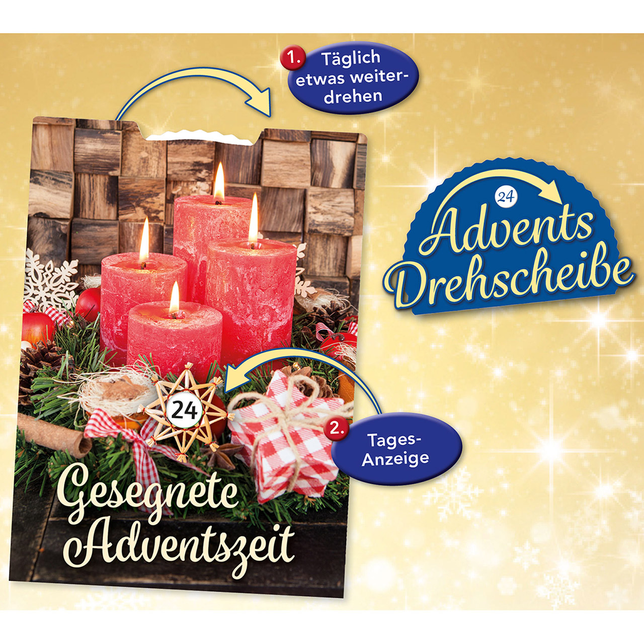 Adventskalender - Gesegnete Adventszeit - 4 Kerzen Stern Äpfel Tannenzweige Schleifen