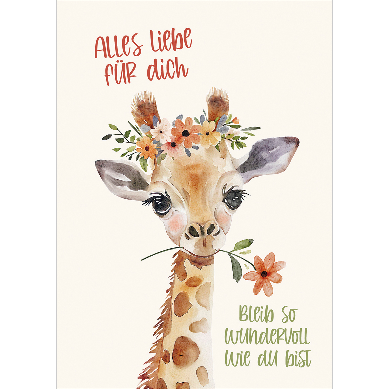 Postkarten - Alles Liebe für dich - Giraffe Aquarell Blume Blumenkranz
