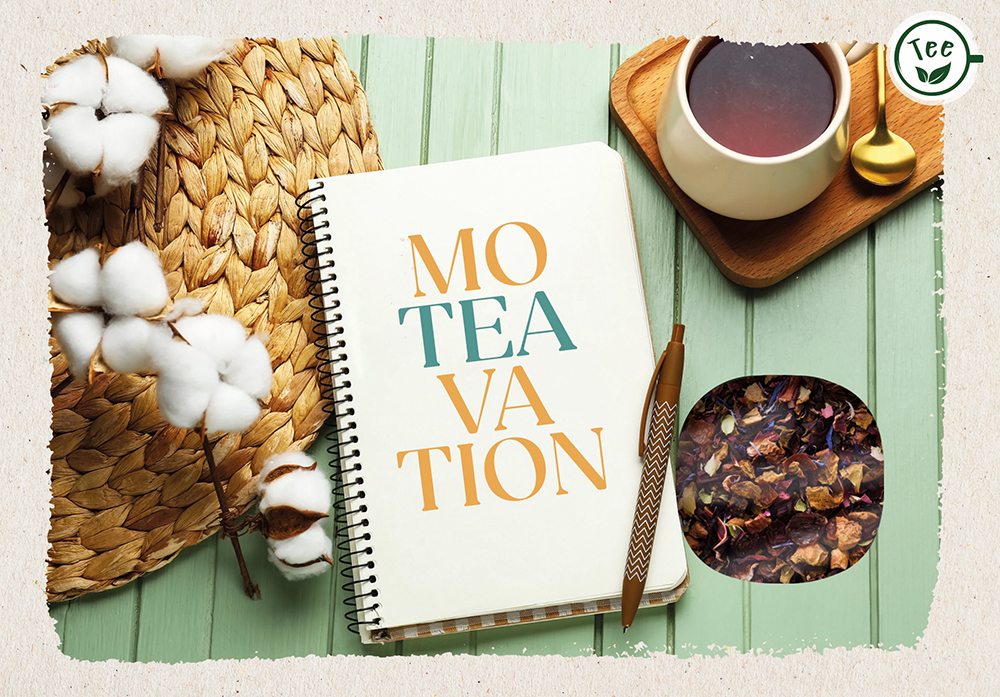 Lebensmittel-Karte - Teekarte 'MoTEAvation' - Karte Teetasse Tee Block Stift Baumwollzweig