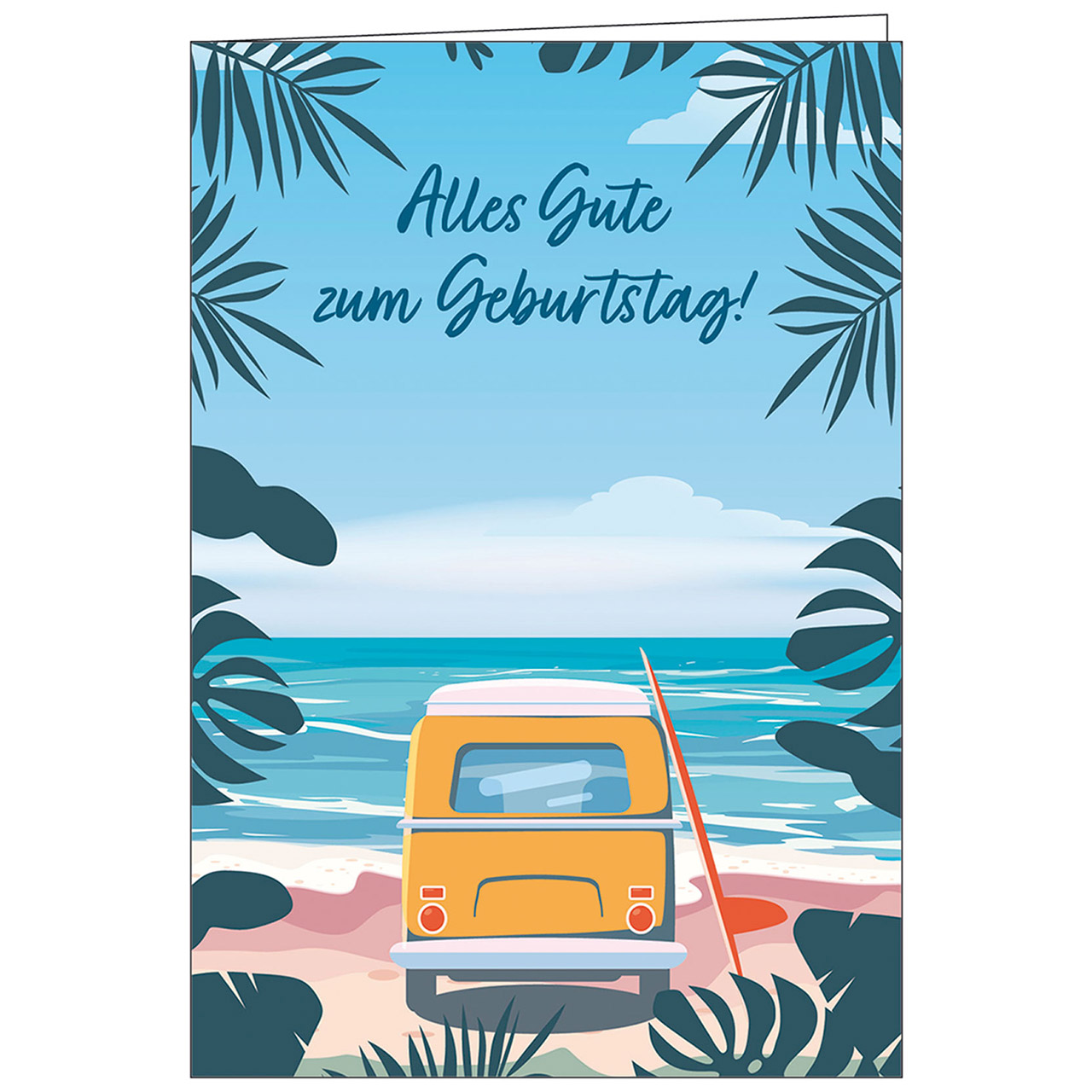 Alles Gute zum Geburtstag! Faltkarte - Alles Gute zum Geburtstag! - Illustration Strand Bulli