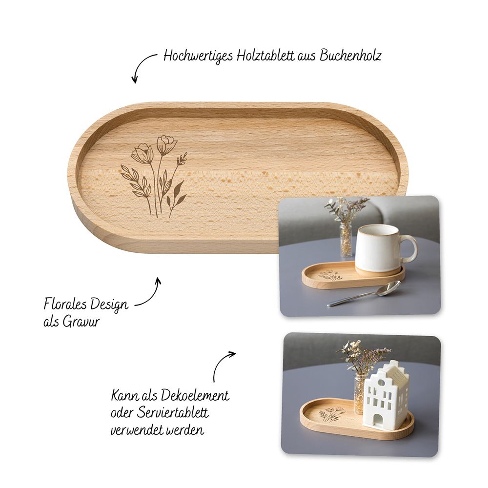 Dekoration - Holztablett Blumen und Gräser