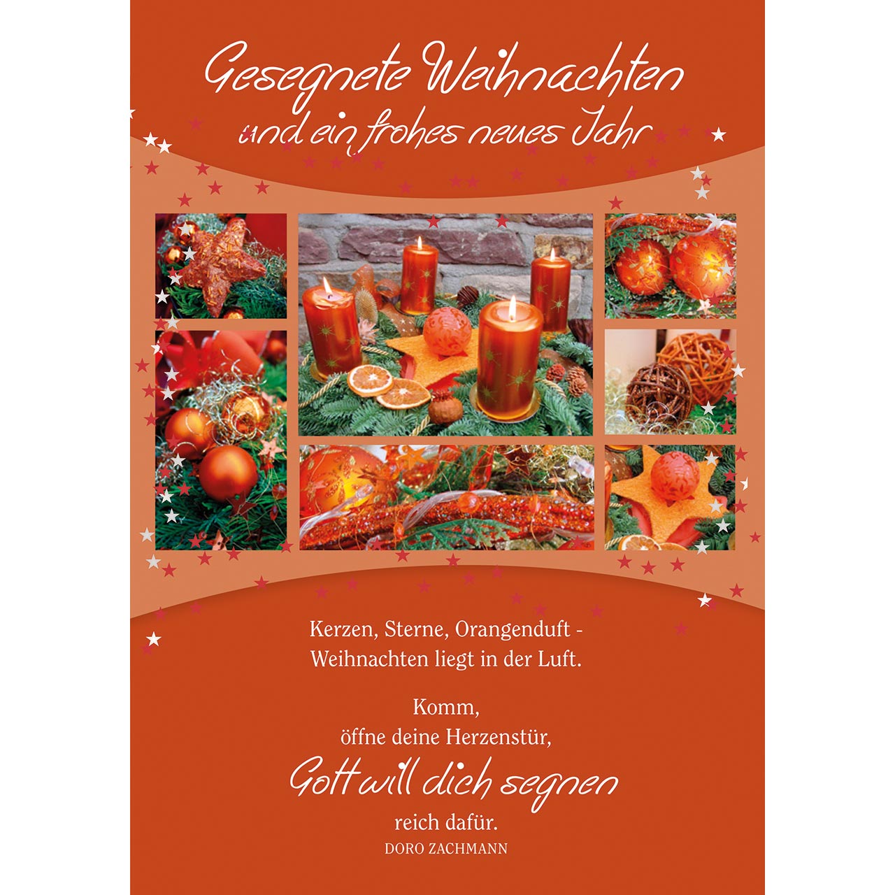 Faltkarte - Kerzen, Sterne, Orangenduft - Collage Adventskranz Kugeln Stern