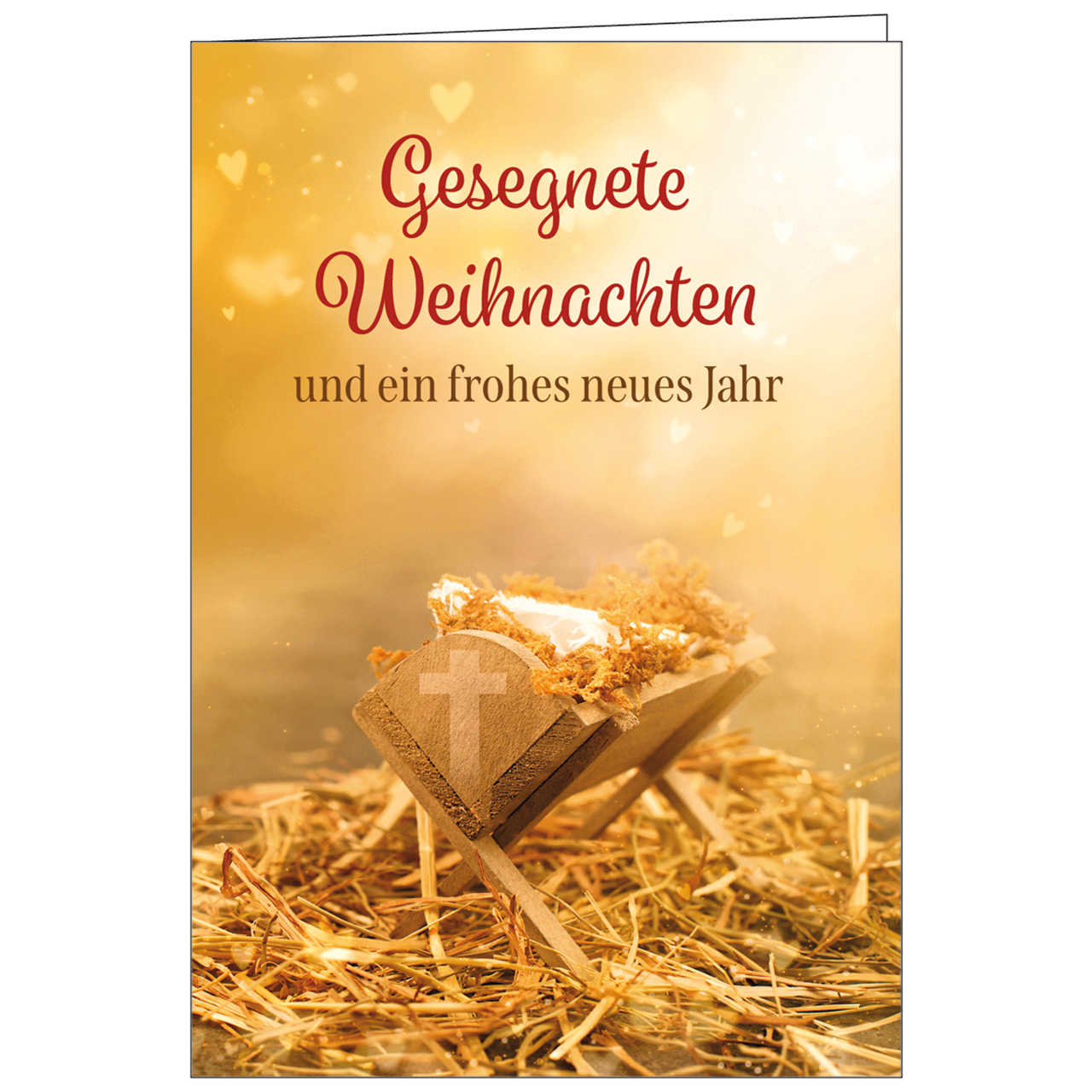 Faltkarte - Gesegnete Weihnachten - Krippe Kreuz Stroh Herzen