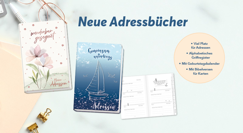 Drei gestaltete Adressbücher mit christlichen Zitaten, vorgestellt als neue Produkte.