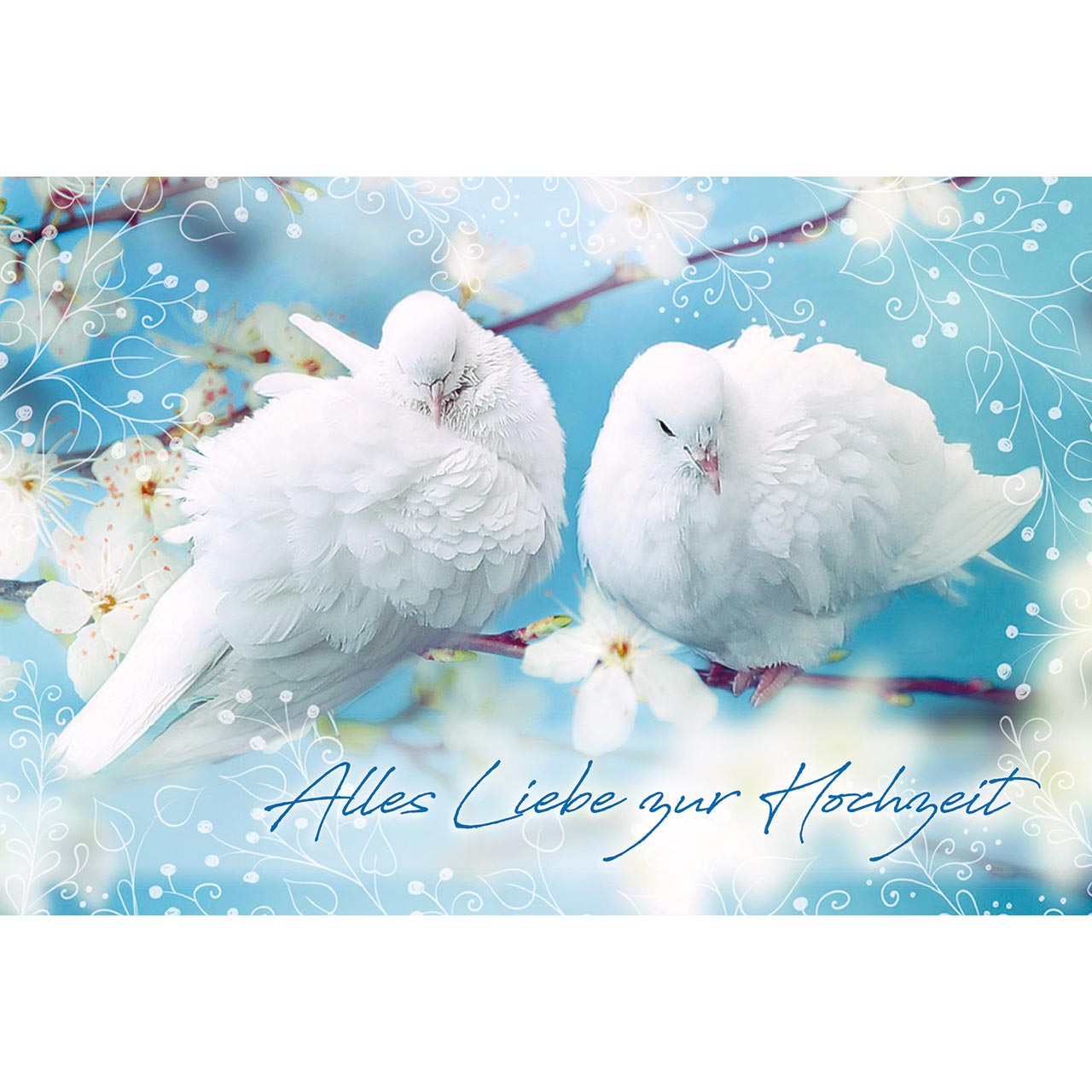Alles Liebe zur Hochzeit Faltkarte - Alles Liebe zur Hochzeit - weiße Tauben Ast Blüten