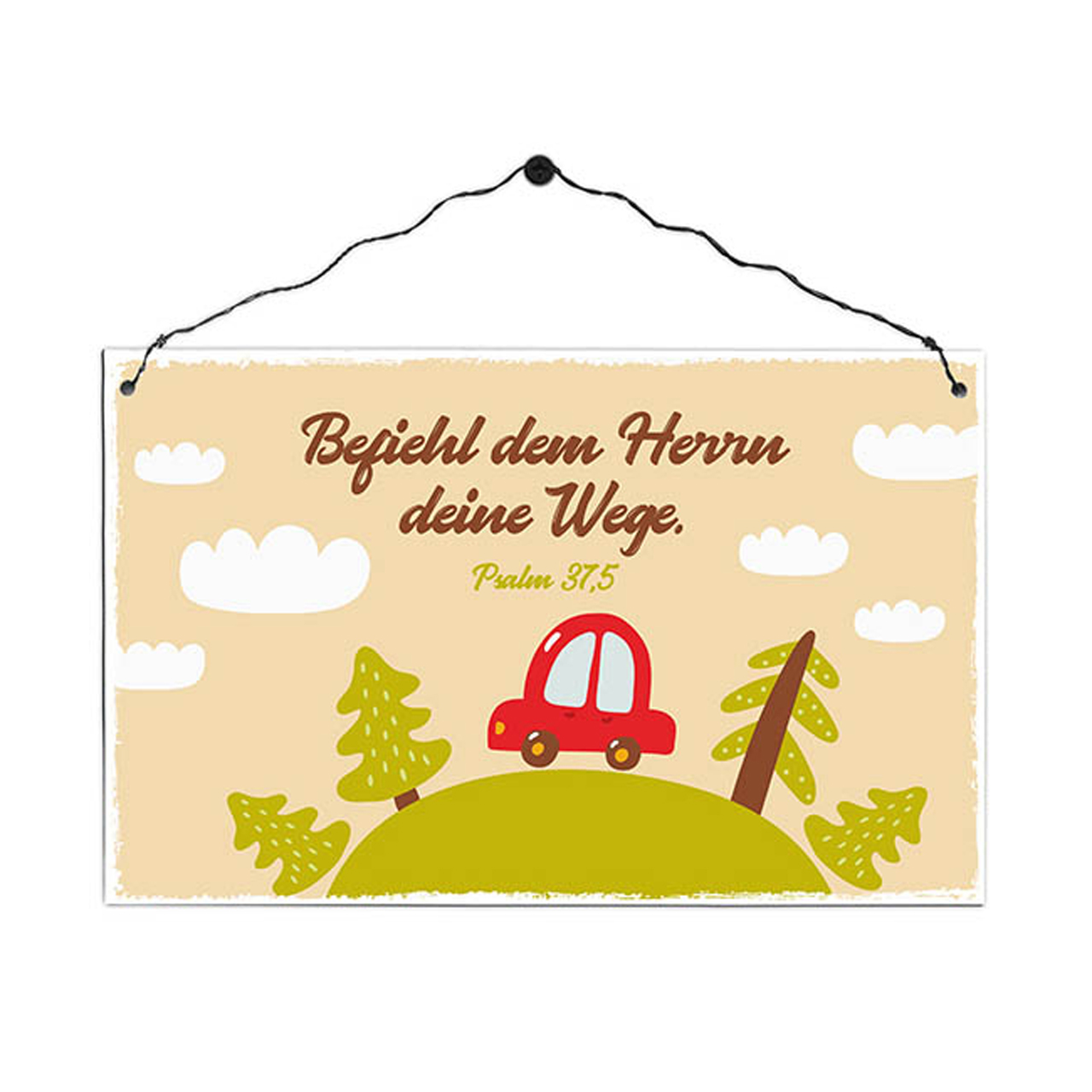Wanddekoration - Holzschild 'Befiehl dem Herrn deine Wege.'                             Psalm 37, - Auto Wolken Bäume Hügel Holz Metallhänger