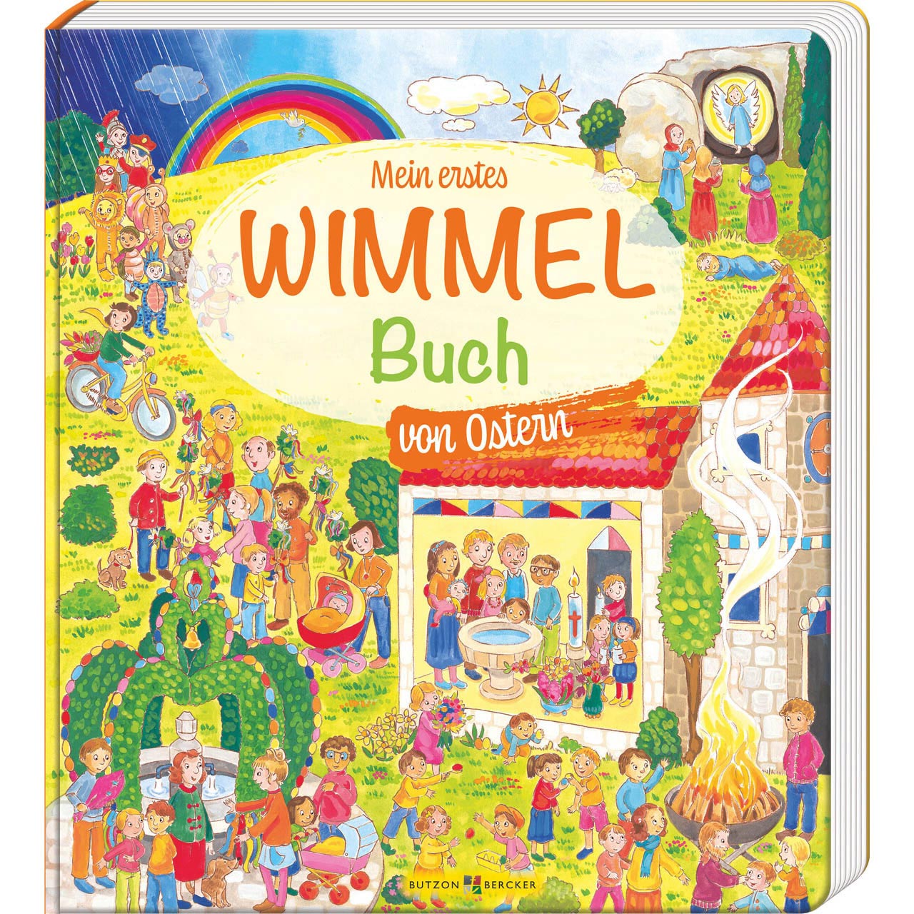 Buch - Mein erstes Wimmelbuch von Ostern - Menschen Mann Frau Kinder  Taufbecken Kerze Feuer Engel Sonne Regenbogen Bäume Wiese Hund Kinderwagen