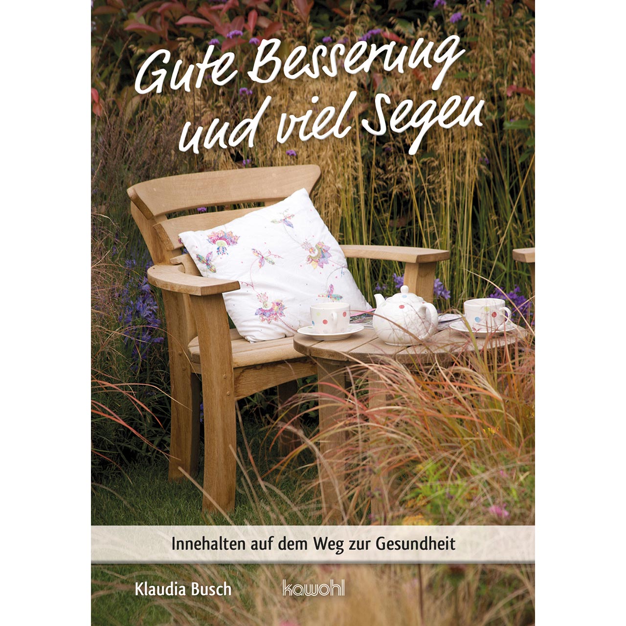 Grußheft - Gute Besserung und viel Segen - Stuhl mit Kissen und Tischchen