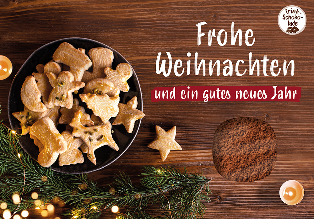 Lebensmittel-Karte - Schokokarte 'Frohe Weihnachten und ein gutes neues Jahr' - Karte Kakau Lichterkette Tannenzweige Plätzchen Schüssel