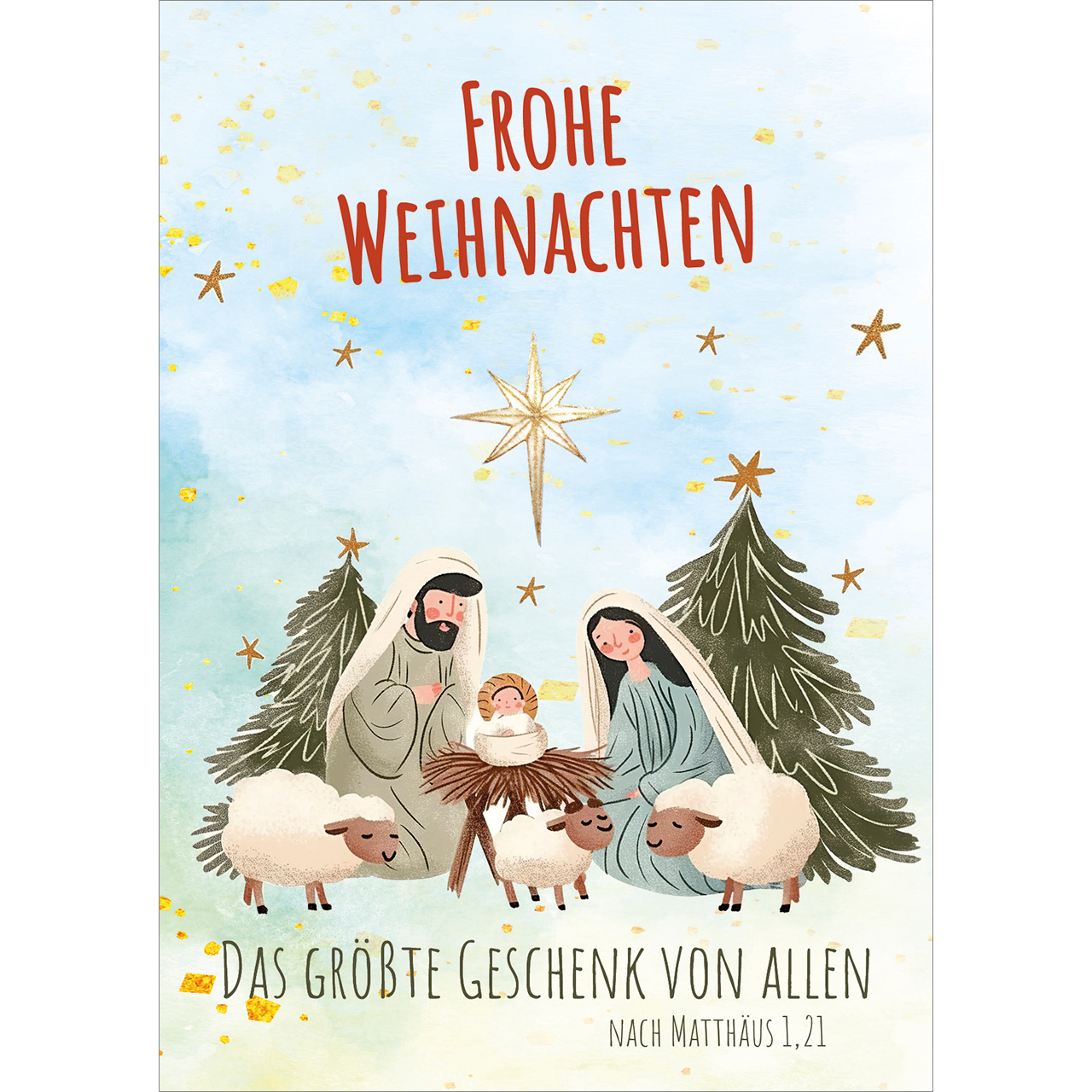 Postkarten - Frohe Weihnachten - Krippe Maria Josef Jesus Kind Baby Tannenbaum Stern Schafe