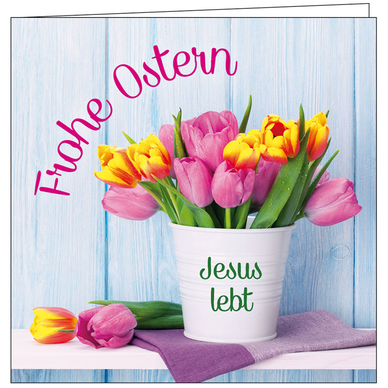 Teelicht mit Grußkarte - Frohe Ostern - Jesus lebt - Tulpen im Topf
