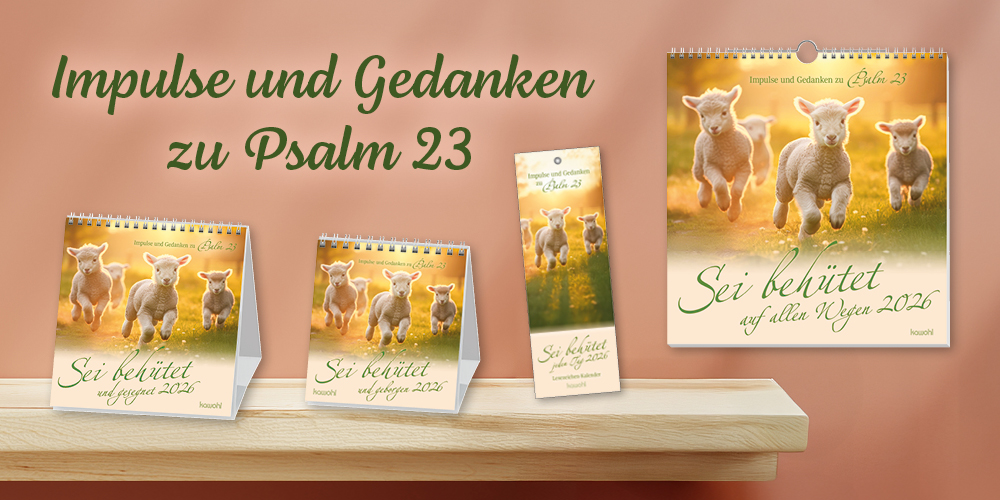 Banner mit Kalendern, die Schafe zeigen, und dem Titel "Impulse und Gedanken zu Psalm 23".