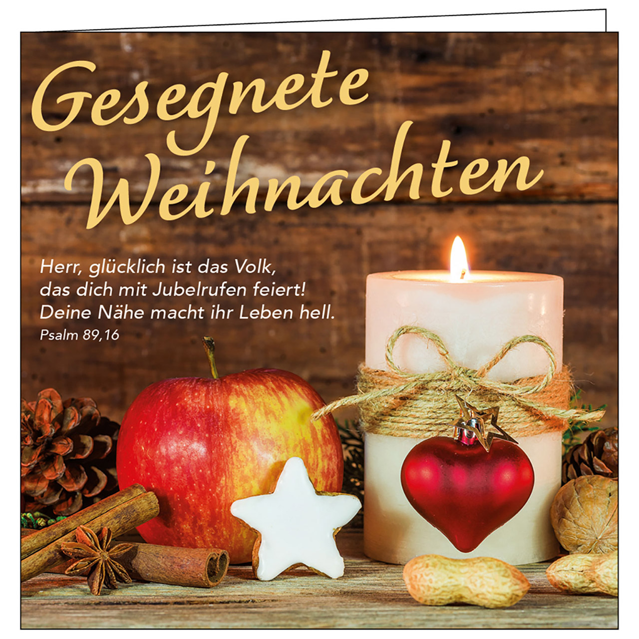 Teelicht mit Grußkarte - Gesegnete Weihnachten - Kerze Apfel Stern Herz Zimtstangen Erdnüsse Tannenzapfen